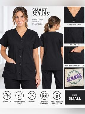 SMART SCRUBS Brand Black TOP V Neck SNAP FRONT Short Sleeve Unisex Size Small